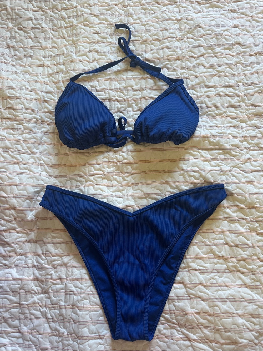 Gilly Hicks Blue Ribbed Triangle Bikini Set Large